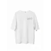 Unisex Bisiklet Yaka Baskılı Oversize T-Shirt - Beyaz