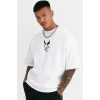Unisex Bisiklet Yaka Baskılı Oversize T-Shirt - Beyaz