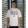 Unisex Bisiklet Yaka Baskılı Oversize T-Shirt - Beyaz