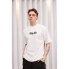 Unisex Bisiklet Yaka Baskılı Oversize T-Shirt - Beyaz