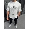 Unisex Bisiklet Yaka Baskılı Oversize T-Shirt - Beyaz