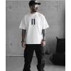 Unisex Bisiklet Yaka Baskılı Oversize T-Shirt - Beyaz