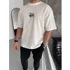 Unisex Bisiklet Yaka Baskılı Oversize T-Shirt - Beyaz