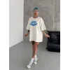 Unisex Bisiklet Yaka Baskılı Oversize T-Shirt - Beyaz