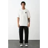 Unisex Bisiklet Yaka Baskılı Oversize T-Shirt - Beyaz