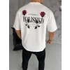 Unisex Bisiklet Yaka Baskılı Oversize T-Shirt - Beyaz