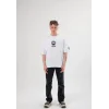 Unisex Bisiklet Yaka Baskılı Oversize T-Shirt - Beyaz