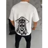 Unisex Bisiklet Yaka Baskılı Oversize T-Shirt - Beyaz