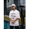 Unisex Bisiklet Yaka Baskılı Oversize T-Shirt - Beyaz