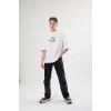 Unisex Bisiklet Yaka Baskılı Oversize T-Shirt - Beyaz
