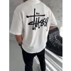 Unisex Bisiklet Yaka Baskılı Oversize T-Shirt - Beyaz