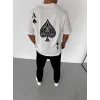 Unisex Bisiklet Yaka Baskılı Oversize T-Shirt - Beyaz