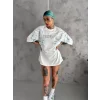 Unisex Bisiklet Yaka Baskılı Oversize T-Shirt - Beyaz
