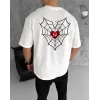 Unisex Bisiklet Yaka Baskılı Oversize T-Shirt - Beyaz