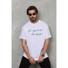 Unisex Bisiklet Yaka Baskılı Oversize T-Shirt - Beyaz