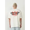 Unisex Bisiklet Yaka Baskılı Oversize T-Shirt - Beyaz