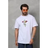 Unisex Bisiklet Yaka Baskılı Oversize T-Shirt - Beyaz