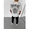 Unisex Bisiklet Yaka Baskılı Oversize T-Shirt - Beyaz