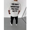 Unisex Bisiklet Yaka Baskılı Oversize T-Shirt - Beyaz