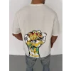 Unisex Bisiklet Yaka Baskılı Oversize T-Shirt - Beyaz