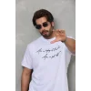 Unisex Bisiklet Yaka Baskılı Oversize T-Shirt - Beyaz