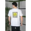 Unisex Bisiklet Yaka Baskılı Oversize T-Shirt - Beyaz