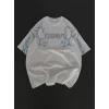 Unisex Bisiklet Yaka Baskılı Oversize T-Shirt - Beyaz
