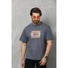 Unisex Bisiklet Yaka Baskılı Oversize T-Shirt - Füme