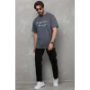 Unisex Bisiklet Yaka Baskılı Oversize T-Shirt - Füme