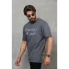 Unisex Bisiklet Yaka Baskılı Oversize T-Shirt - Füme