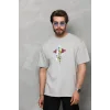 Unisex Bisiklet Yaka Baskılı Oversize T-Shirt - Gri