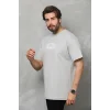 Unisex Bisiklet Yaka Baskılı Oversize T-Shirt - Gri