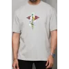 Unisex Bisiklet Yaka Baskılı Oversize T-Shirt - Gri