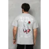 Unisex Bisiklet Yaka Baskılı Oversize T-Shirt - Gri