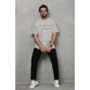 Unisex Bisiklet Yaka Baskılı Oversize T-Shirt - Gri