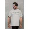 Unisex Bisiklet Yaka Baskılı Oversize T-Shirt - Gri