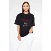 Unisex Bisiklet Yaka Baskılı Oversize T-Shirt - Siyah