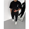 Unisex Bisiklet Yaka Baskılı Oversize T-Shirt - Siyah