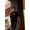 Unisex Bisiklet Yaka Baskılı Oversize T-Shirt - Siyah
