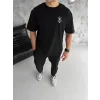 Unisex Bisiklet Yaka Baskılı Oversize T-Shirt - Siyah