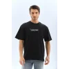 Unisex Bisiklet Yaka Baskılı Oversize T-Shirt - Siyah