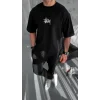 Unisex Bisiklet Yaka Baskılı Oversize T-Shirt - Siyah