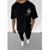 Unisex Bisiklet Yaka Baskılı Oversize T-Shirt - Siyah