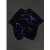 Unisex Bisiklet Yaka Baskılı Oversize T-Shirt - Siyah