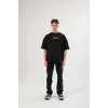 Unisex Bisiklet Yaka Baskılı Oversize T-Shirt - Siyah