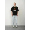 Unisex Bisiklet Yaka Baskılı Oversize T-Shirt - Siyah