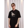 Unisex Bisiklet Yaka Baskılı Oversize T-Shirt - Siyah