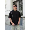 Unisex Bisiklet Yaka Baskılı Oversize T-Shirt - Siyah