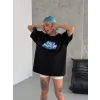 Unisex Bisiklet Yaka Baskılı Oversize T-Shirt - Siyah