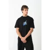 Unisex Bisiklet Yaka Baskılı Oversize T-Shirt - Siyah